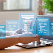 Man completing a checklist of online digital forms for assessing business performance. Man completing a checklist of online digital forms for assessing business performance.
